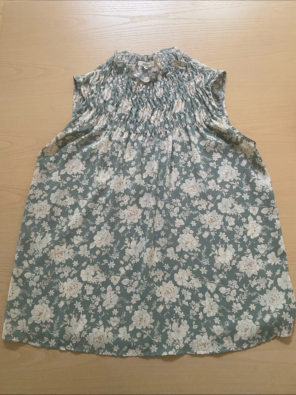 Pleione Sage Green Floral Smocked Sleeveless Top